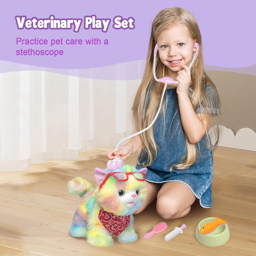 YH YUHUNG Walking Cat Toys for Kids,Remote Control Rainbow Kitty Robot Cat Toy That Can Walks, Meows, and Wag Its Tail, Veterinarian Playset for Kids with Interactive Cat Ages 3 and Up