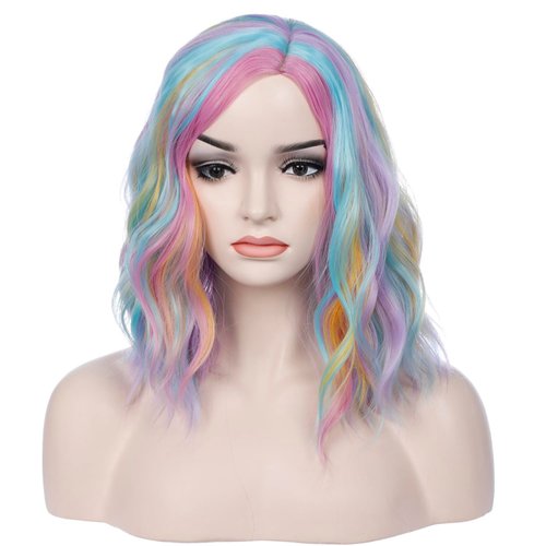 incohair 14 Inches Rainbow Wig for Women Girls Short Curly Wavy Bob Wig Side Part Synthetic Halloween Costume Party Daily Wigs Wig Cap Included (Rainbow)
