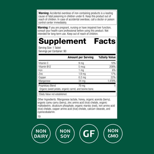 Standard Process Manganese B12 - Supports Bone & Connective Tissue Health - Hemoglobin Formation Support - Gluten-Free, Non-Dairy & Non-Soy - 90 Tablets (90 Servings)