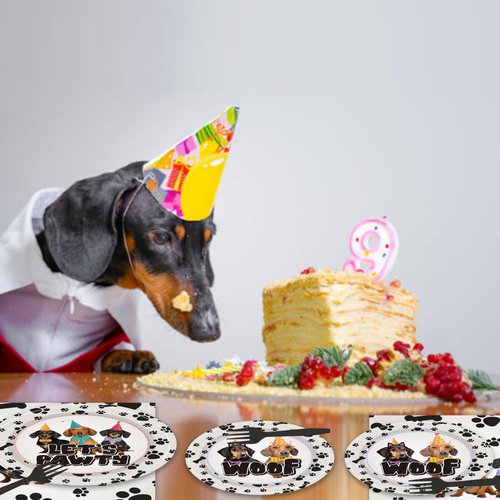 EUOYUFO 96PCS Dog Plates and Napkins Party Supplies Dachshund Birthday Party Decorations Weiner Dog Decor Lets Pawty Dog Themed Disposable Tableware Set Serve 24 Guests