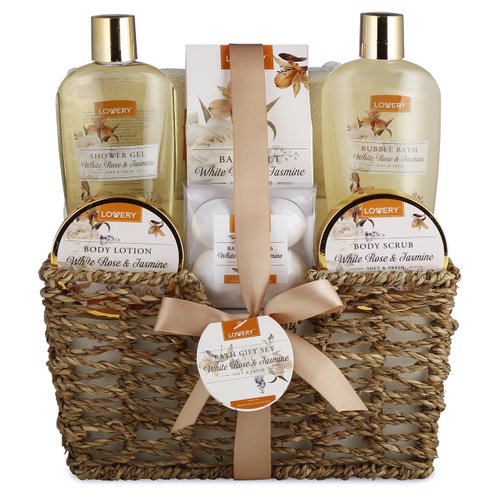 Christmas Home Spa Gift Basket - White Rose & Jasmine - Luxurious 11pc Bath & Body Set For Men & Women, Contains Shower Gel, Bubble Bath, Body Lotion, Scrub, Bath Salt, 4 Bath Bombs, Loofah & Basket