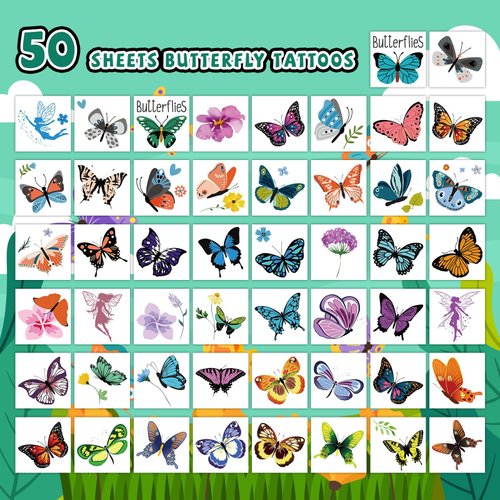 EMOME 50 Sheets Individually Wrapped Butterfly Tattoos for Kids Girls, Butterfly Birthday Decorations Temporary Tattoos for Kids, Butterfly Party Favors Supplies Decorations for Games Activities