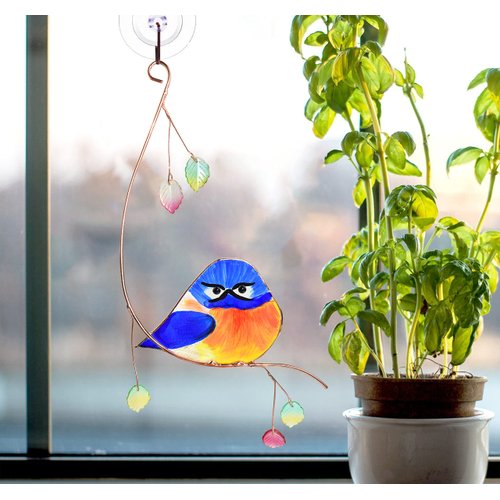 Lolitarcrafts Grumpy Owl Stained Glass Suncatcher Bluebird Stained Window Painting Bird Hanging