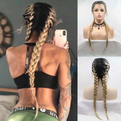Yinuozhogntian Ombre Blonde Double Braided Wigs with Baby Hair Blonde with Dark Roots Heat Resistant Synthetic Lace Front Wigs for Women Natural Long 2xTwist Braids Synthetic Braids Wigs Daily Use