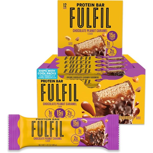FULFIL Protein Snack Bars, Chocolate Peanut Caramel Flavored, Gluten Free with 15g Protein, Pantry Staples, 12 Count