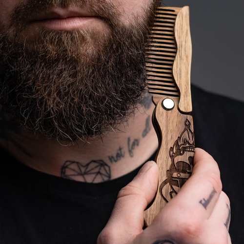 Beard Comb for Men Pocket Folding Combs for Mustache & Hair Travel Natural Wooden Comb with Real Man Engraving - Perfect for Use w/Beard Balm Oil (Wavy Half Skull) (Model WV)