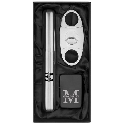 Custom Initial Engraved Stainless Steel Cigar Tube Flask, Cutter, & Lighter Gift Set Personalized