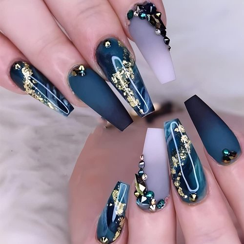 Long Press on Nails with Designs, Coffin Fake Nails Dark Blue Acrylic Nails Marble False Nails Luxury Stick on Nails Full Cover Artificial Nails Glitter Wave Rhinestones Cute Nails for Women Girls