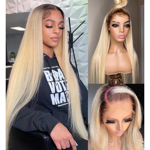 1B613 Glueless Lace Front Wig Human Hair for Black Women 13x4 HD Transparent Lace Frontal Ombre Blonde Real Hair Wigs 150% Density Blonde Lace Front Wigs Human Hair Pre Plucked Bleached Knots 22inch