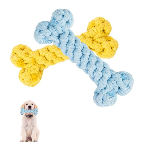 LuckyOpt Dog Chew Toys, 2Pc Bone-Shaped Dog Teething Toy Bite Resistant, Safe Bone Cotton Rope Dog Chew Toy for Small Medium Dogs Indoor& Outdoor Game (Blue+Yellow)