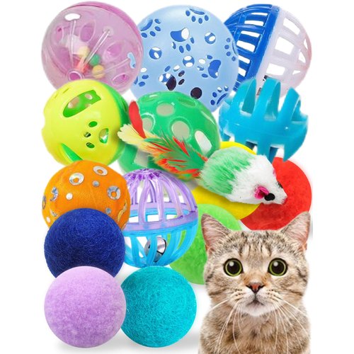 HEUHAI Cat Toys for Indoor Cats - 15 Pcs Kitten Toys Set - Includes 8 Bell Balls - 1 Catnip Mouse - 6 Plush Balls - Colorful and Safe - Pet Playset for Interactive Fun and Exercise