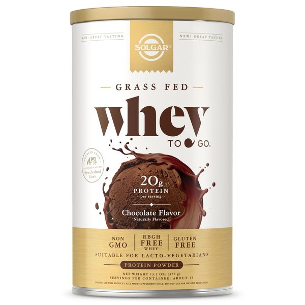 Solgar Grass Fed Whey to Go Protein Powder Chocolate, 13.2 oz - 20g of Grass-Fed Protein from New Zealand cows - Great Tasting & Mixes Easily - Supports Strength & Recovery - Non-GMO, 13 servings