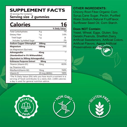 EnvyCure Chlorophyll Gummies 200mg, with Ashwagandha, Magnesium Glycinate, Fiber, Echinacea, Vitamin D B1 B2, Internal Deodorant, Healthy Skin, Fresh Body Odor, 2 Pack