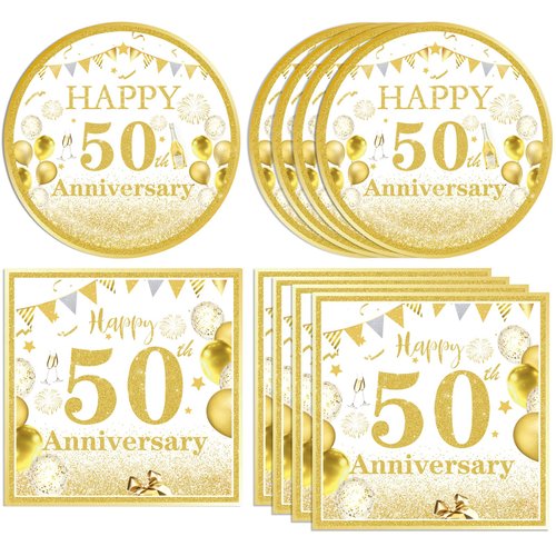 40 PCS Golden Birthday Party Decorations 50th Theme Birthday Party Decorations Tableware set Include Paper Plates Napkins for Cheers to 50 Years Wedding Birthday Party Supplies