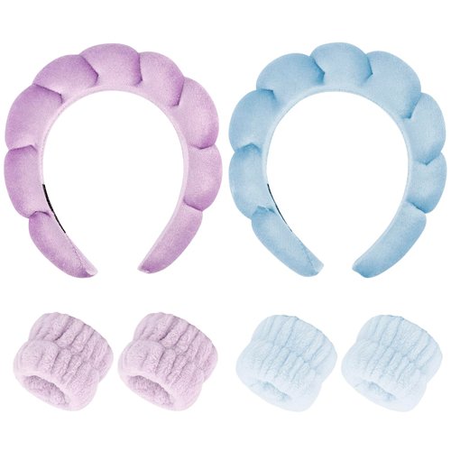 VELSCRUN Spa Headband for Women Girls Wash Face, Makeup, Facial Skincare Headbands, Green Navy Blue Velvet Puffy Sponge Hair Band Bow Tie Bubble 6 Pcs Spa Headband Wristband Set Hair Accessories