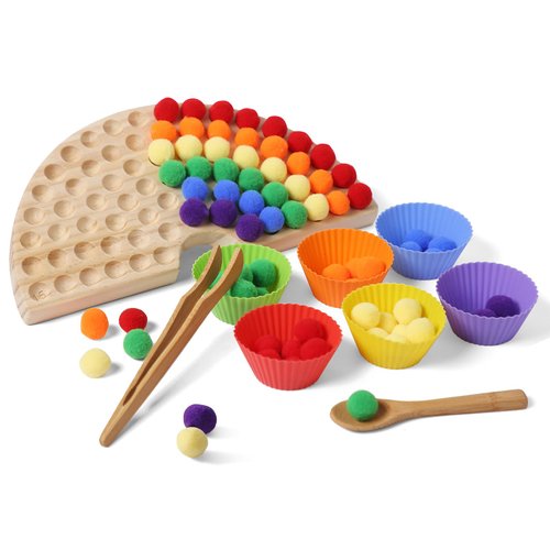 Macabaka Board Beads Game Pine Wooden Rainbow Bead Maze Montessori Color Sorting Toys for Toddlers 1-3 Match Game Bead Board, Peg Board Organizer Accessories for Fine Motor Skills Development