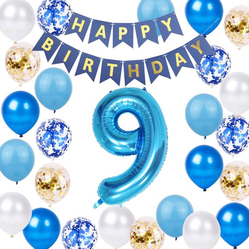 9th Birthday Decorations for Boys, Blue Gold 9th Birthday Decoration, 9 Year Old Anniversary Part...