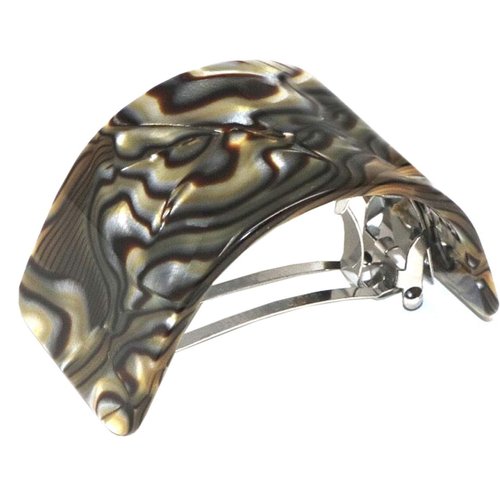 French Amie Half Circle Onyx Silver Grey Handmade Celluloid Acetate Automatic Strong Grip Pony Wide Hair Clip Barrette