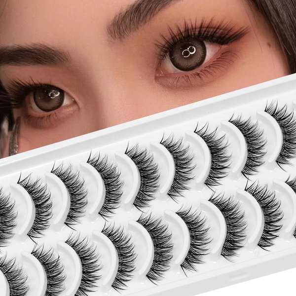 DSLONG 10 Pairs Cat Eye Lashes Clear Band Wispy Natural Look Fluffy False Eyelashes 3D Soft Volume Lashes Looks Like Eyelash Extensions Reusable Faux Mink Lashes (C02)