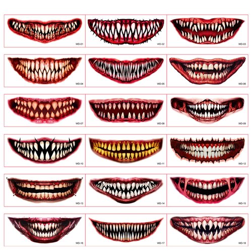 Qpout 18 PCS Halloween Face Tattoos, Halloween Prank Makeup Temporary Tattoos for Adults, Clown Makeup Scary Big Mouth Horror Tattoos Stickers, Halloween Fake Tattoos Realistic Face Tattoo Stickers