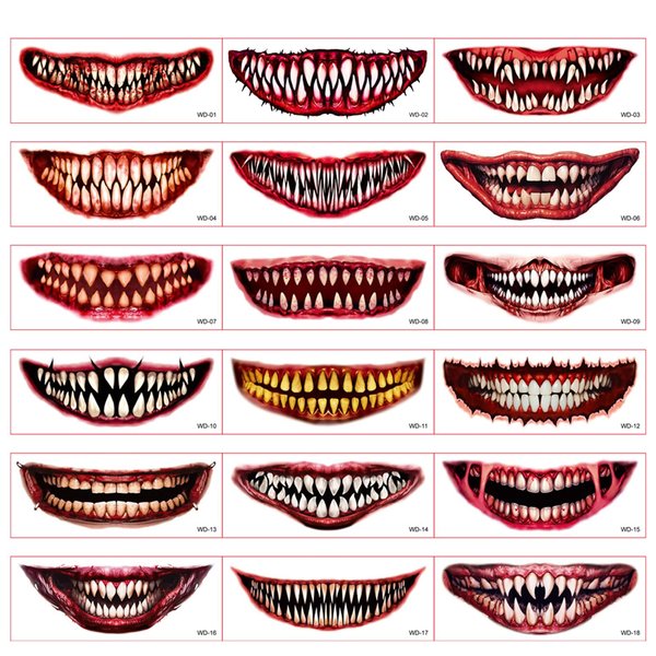 Qpout 18 PCS Halloween Face Tattoos, Halloween Prank Makeup Temporary Tattoos for Adults, Clown Makeup Scary Big Mouth Horror Tattoos Stickers, Halloween Fake Tattoos Realistic Face Tattoo Stickers