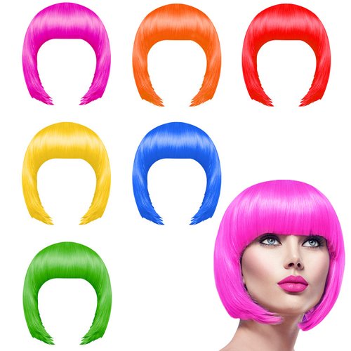 KUUQA 6 Pieces Party Wigs Set, Neon Short Bob Wig Pack Costume Colorful Cosplay Wig Daily Party H...