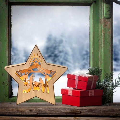 GHOSTMAGIC Nativity Scene Christmas Ornament, 3D Layered Holy Family LED Lights Decoration for Table/Shelves/Fireplace, Rustic Wooden Farmhouse Holiday Home Decoration (Wood Color)