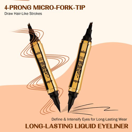 Microblading Eyebrow Pencil, Eyebrow & Eyeliner 2-in-1 Dual-Ended Eyebrow Pen with 4-Prong Micro-Fork-Tip Applicator and No-Skip Eyeliner Creates Natural-Looking Brows, Stay on All Day (Light Brown)