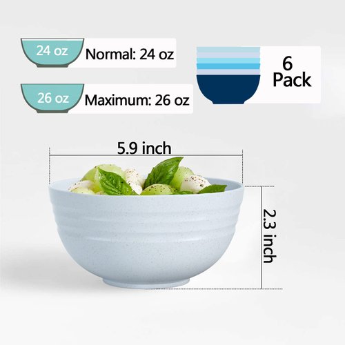 Homestockplus Unbreakable Cereal Bowls 24 OZ Microwave and Dishwasher Safe BPA-Free Eco-Friendly Wheat Straw Bowl Assorted Color Dessert Bowls for Serving Soup, Oatmeal, Pasta and Salad [Set of 6]