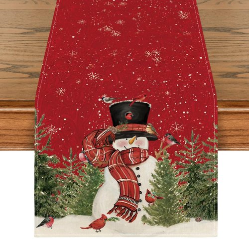 Artoid Mode Snowman Christmas Birds Trees Table Runner, Seasonal Winter Xmas Holiday Kitchen Dining Table Decoration for Home Party Decor 13 x 60 Inch