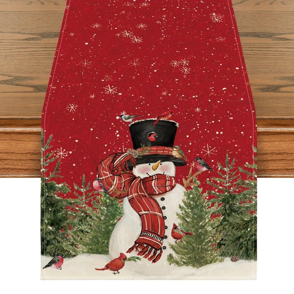 Artoid Mode Snowman Christmas Birds Trees Table Runner, Seasonal Winter Xmas Holiday Kitchen Dining Table Decoration for Home Party Decor 13 x 60 Inch