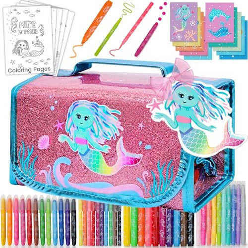 Scented Markers For Kids - Art Kits for Kids 6-9 - Mermaid Gifts For Girls - Coloring Kit Includes Smelly Markers, Dot Markers, Sparkly Mermaid Pencil Case - Mermaid Toys & Art Set For Girls Ages 8-12