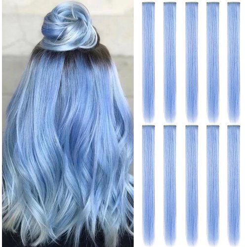 HUANLING 10 Pcs Colored Hair Extensions 21inch Colored Party Highlights Straight Heat-resistant Synthetic Hairpieces Clip in Halloween Hair Accessories for Girls(Light Blue)