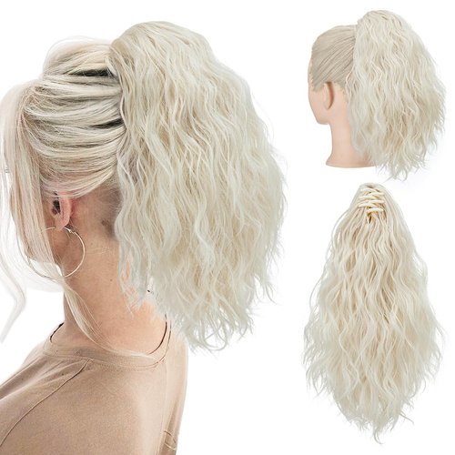 SARLA Claw Clip in Ponytail Extension 13 Inch Fluffy Short Synthetic Curly Wavy Pony Tail Hairpiece for Women Platinum Blonde
