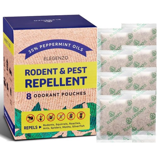 ELEGENZO Mouse Repellent Pouches with Peppermint Oil - Repels Mice, Rats, Squirrels, Roaches, Ants, Spiders, Moths
