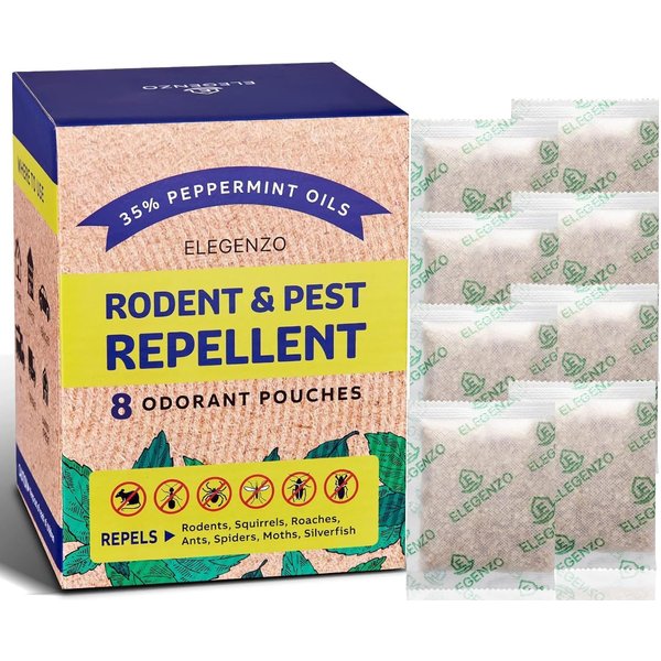 ELEGENZO Mouse Repellent Pouches with Peppermint Oil - Repels Mice, Rats, Squirrels, Roaches, Ants, Spiders, Moths