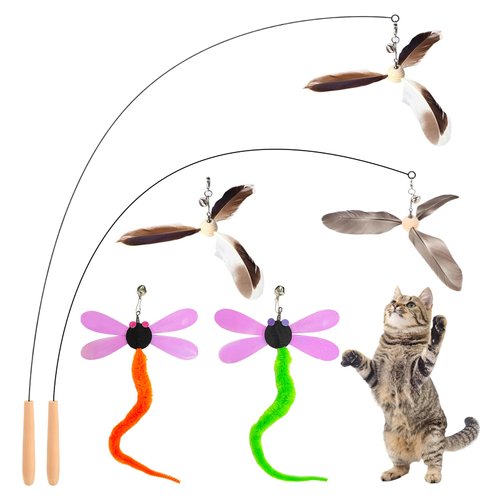 Kingtree Cat Teaser Wand Toys, Interactive Feather Cat Wand Toy with 5 Bell Feather Refills & 2Pcs 35'' Flexible Steel Wire Wood Handle Wands, Cat Feather Toys for Indoor Cats to Play Chase Exercise