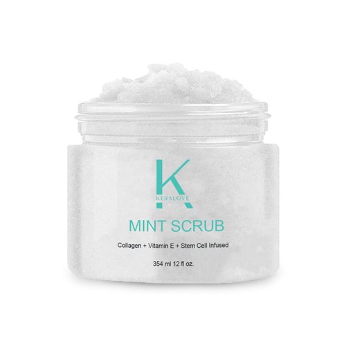 Keralove Scrub with Collagen and Stem Cells 12 oz - Exfoliating Himalayan Salt Scrub for Cellulite - Deep Cleansing for Acne, Scars, Wrinkles - Moisturizes Skin (12, Mint)