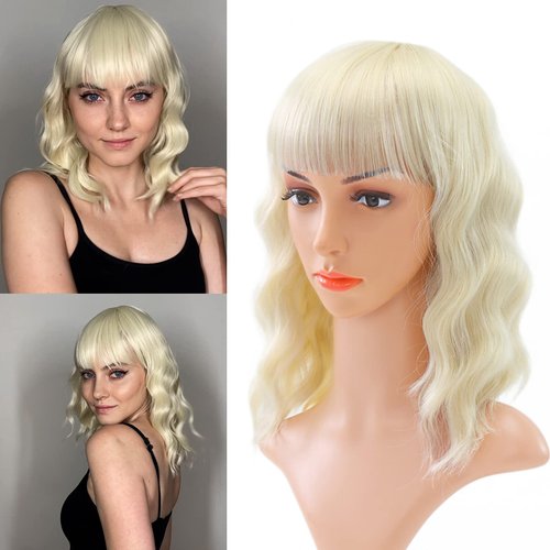 BEHPAY Wig for Women with Bangs Short Wavy Curly Bob Wigs 14 Inch Shoulder Length Synthetic Heat Resistant Wig Daily Party Cosplay Wig