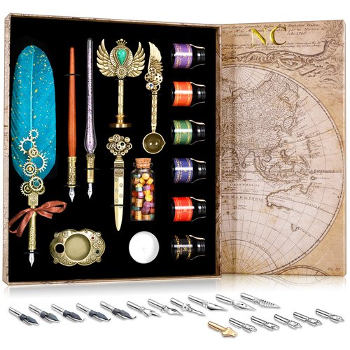 NC Quill Pen Ink Set, Including Quill pen, Glass Pen, Wooden Pen, 6 Bottles of Ink, 17 Replaceable Nibs, Pen Holder, Seal, Wax Beads, White Wax, Spoon, Envelopes, Letter Paper, Etc. Art Gifts (Green)