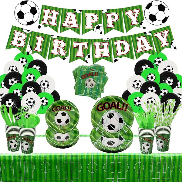 Soccer Theme Party Supplies - Including Dinner Plates, Dessert Plates, Cups, Napkins, Tablecloth, Tableware, Straws, Banner for Soccer Birthday Party Decorations, Serves 12 (B)
