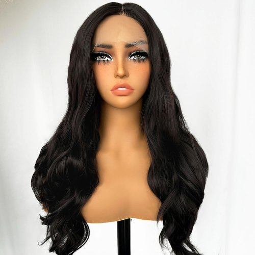 SOKU Body Wave Synthetic Lace Front Wigs 22 Inch Middle Part Wavy Wig with Baby Hair Dark Brown Glueless Hair Replacement Wigs for Women Heat Resistant Fiber