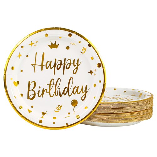 50 Pcs Happy Birthday Plates 9inch, White Gold Party Paper Plates Disposable Cake Plates Dinner Paper Plates Dessert Plates with Gold Trim Party Supplies for Party Decorations (White Birthday, 9inch)