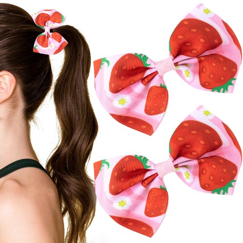 CustomyLife 2 PCS Strawberry Bow Hair Clips Pink Bowknot Snap Barrettes Summer Fruit Hair Accessories for Thin Hair Women Rapunzel Decorative Wedding Prom Halloween Christmas