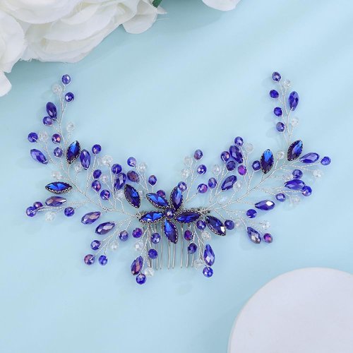 Teyglen Flower Wedding Hair Comb Bridal Blue Rhinestone Hair Comb Headband Wedding Hair Accessories Flower Headpiece Bridal Crystal Hair Piece for Women Girls