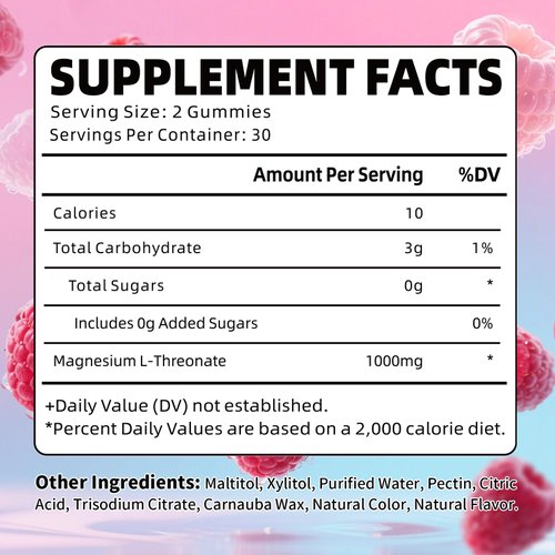 Pack of 2 Magnesium L-Threonate Gummies, Suagr-Free 1000MG Magnesium Threonate Supplement for Kids & Adults, Muscle & Nervous System Support, Raspberry Flavor, 60 Count