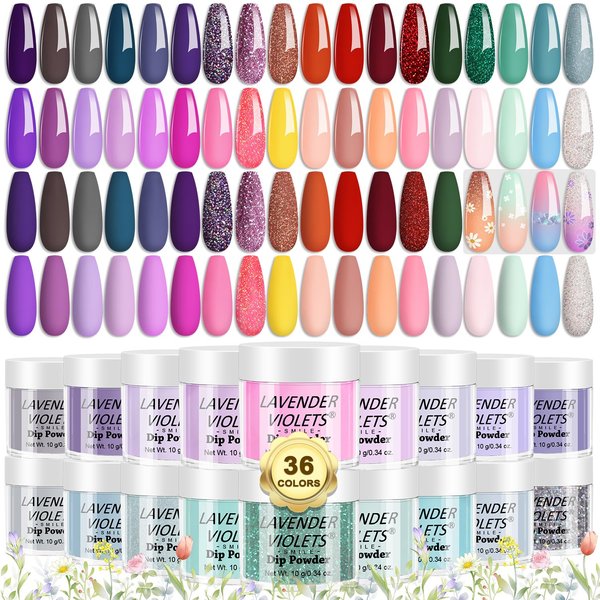Lavender Violets 36 Colors Dip Powder Nail Kit Starter Quick Drying Dipping Powder Color Set for Home Salon Nail Art Designs M951