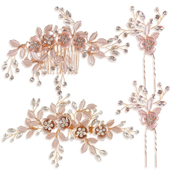 4 Pieces Bridal Rose Gold Hair Accessories for Brides and Bridesmaids - Rhinestone Hair Pins, Crystal Flower Barrette, Wedding Hair Combs with Leaves