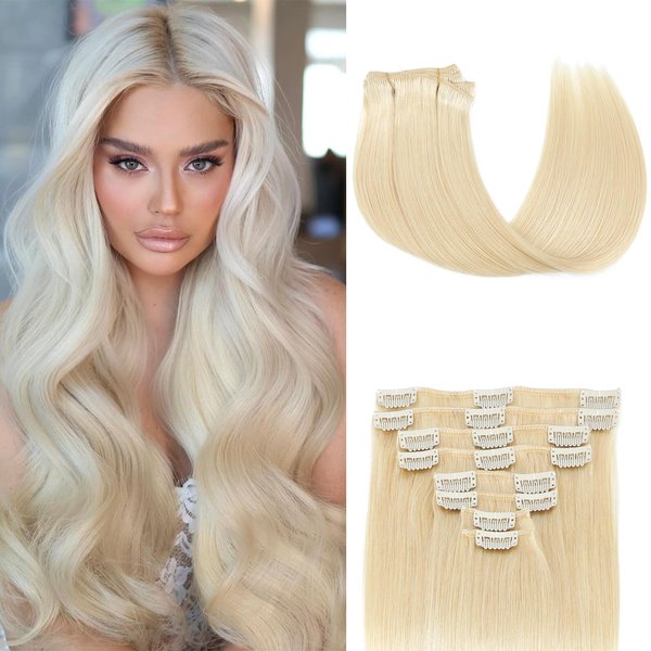 Doupor Clip in Hair Extensions Real Human Hair,Highlight Bleach Blonde Remy Human Hair Seamless Clip in Hair Extensions Soft Natural Clip ins for women,8pcs 100g 16inch