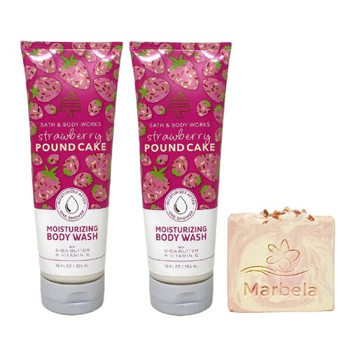 Bath & Body Works Strawberry Pound Cake 2 Pack Moisturizing Body Wash Bundle with a Himalayan Salts Springs Bar Soap - Full Size
